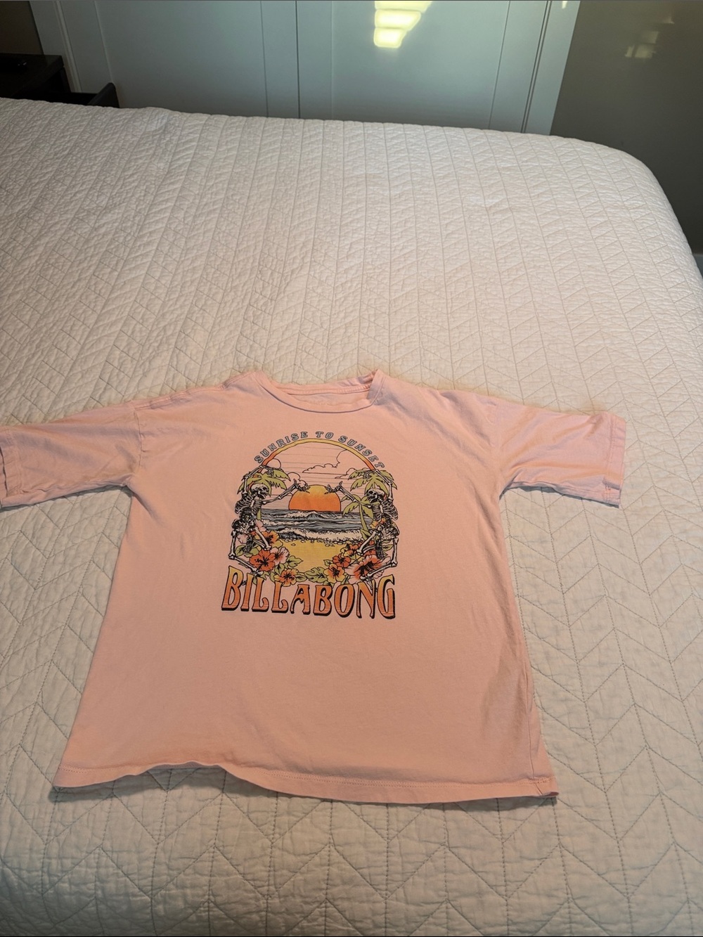 Billabong Kids Pink Short Sleeve Tee with Tropical Sunset Graphic